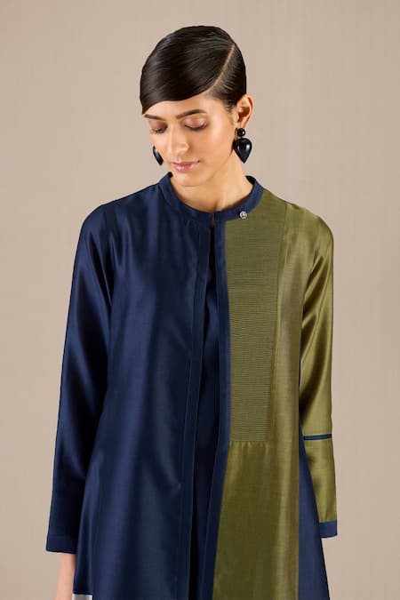 Shop Ampm Blue Chanderi V-neck Hiba Color-block Kurta And Pant Set Online at Aza Fashions Shop_Ampm_Blue Chanderi V-neck Hiba Color-block Kurta And Pant Set _Online_at_Aza_Fashions