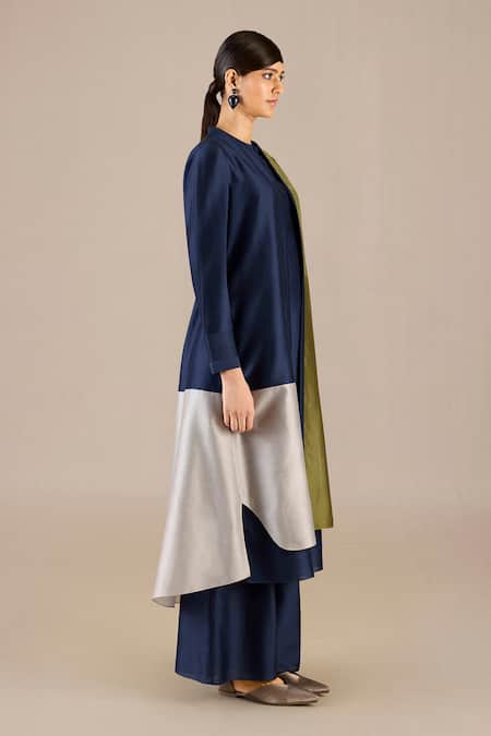 Ampm Blue Chanderi V-neck Hiba Color-block Kurta And Pant Set at Aza Fashions Ampm_Blue Chanderi V-neck Hiba Color-block Kurta And Pant Set _at_Aza_Fashions