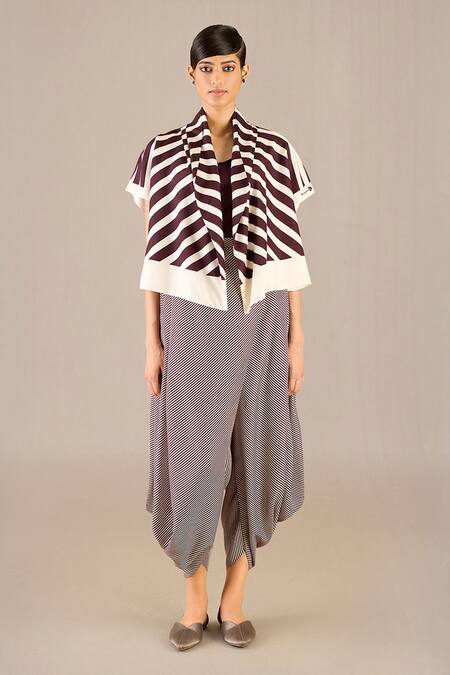 Buy Ampm Purple Silk Open Neck, Round Safiya Stripe Detailed Jacket With Dhoti Pant Set Buy_Ampm_Purple Silk Open Neck, Round Safiya Stripe Detailed Jacket With Dhoti Pant Set