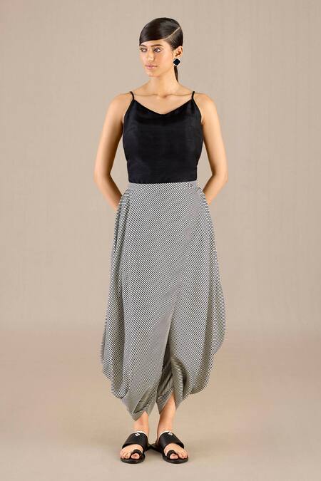 Ampm_Black Silk Open , Round Safiya Stripe Detailed Jacket And Dhoti Pant Set _Online_at_Aza_Fashions