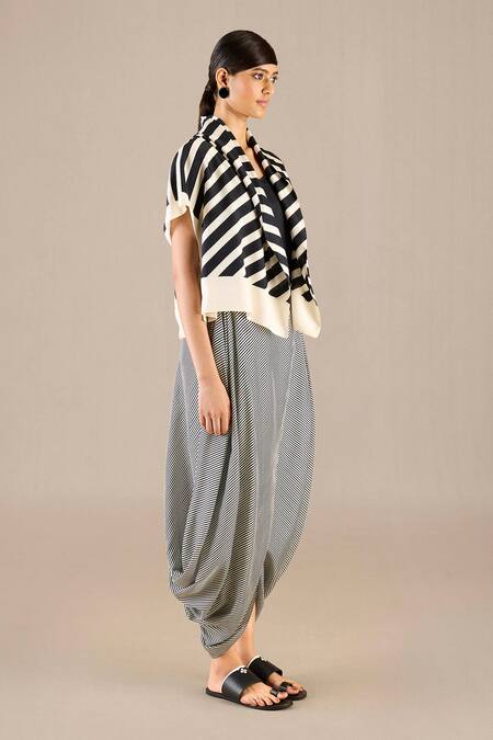 Buy_Ampm_Black Silk Open , Round Safiya Stripe Detailed Jacket And Dhoti Pant Set _Online_at_Aza_Fashions