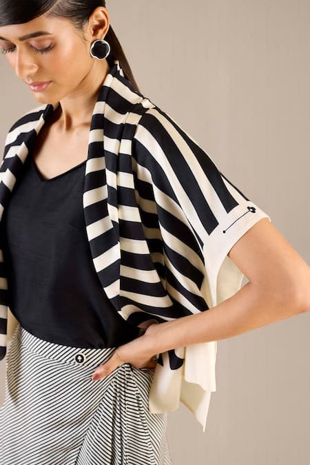 Shop_Ampm_Black Silk Open , Round Safiya Stripe Detailed Jacket And Dhoti Pant Set _Online_at_Aza_Fashions