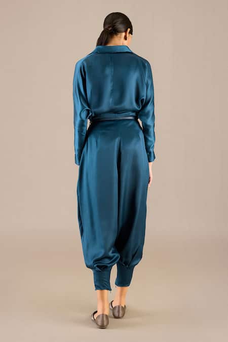 Ampm Blue Cotton Collared Aarifa Plain Shirt With Box-pleated Pant Online at Aza Fashions Ampm_Blue Cotton Collared Aarifa Plain Shirt With Box-pleated Pant _Online_at_Aza_Fashions