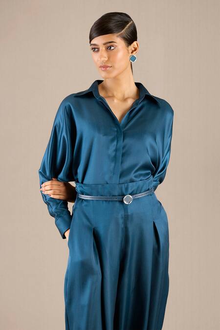 Buy Ampm Blue Cotton Collared Aarifa Plain Shirt With Box-pleated Pant Online at Aza Fashions Buy_Ampm_Blue Cotton Collared Aarifa Plain Shirt With Box-pleated Pant _Online_at_Aza_Fashions