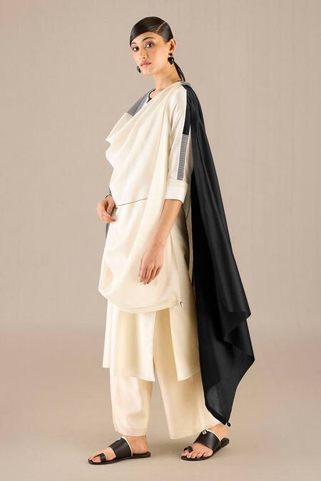 Ampm_Ivory Chanderi Embroidery Round Neck Bina Kurta Set With Striped Dupatta _at_Aza_Fashions