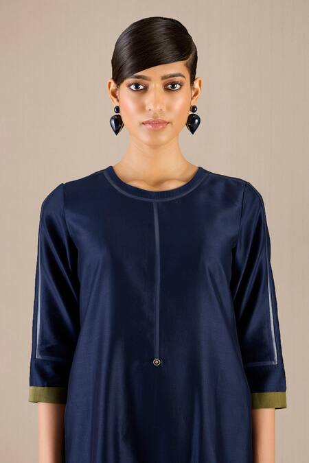 Ampm_Blue Chanderi Round Neck Kasia Plain Kurta Palazzo Set_Online_at_Aza_Fashions