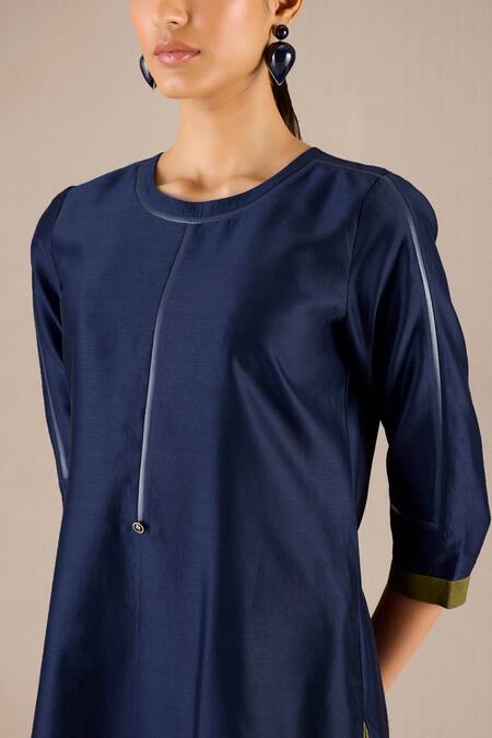 Buy_Ampm_Blue Chanderi Round Neck Kasia Plain Kurta Palazzo Set_Online_at_Aza_Fashions