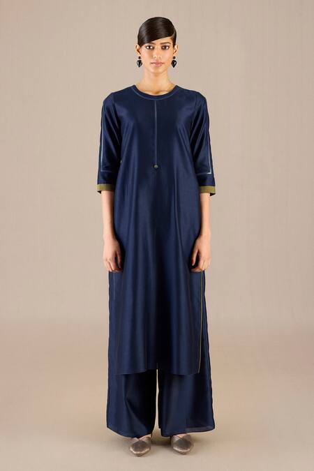 Shop_Ampm_Blue Chanderi Round Neck Kasia Plain Kurta Palazzo Set_Online_at_Aza_Fashions