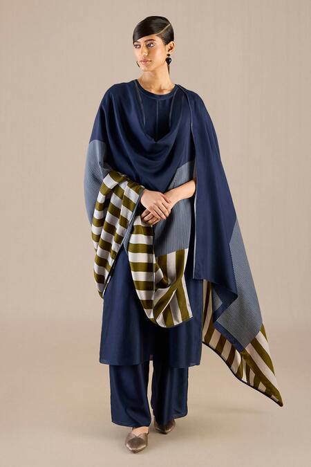 Ampm_Blue Chanderi Round Neck Kasia Plain Kurta Palazzo Set_at_Aza_Fashions