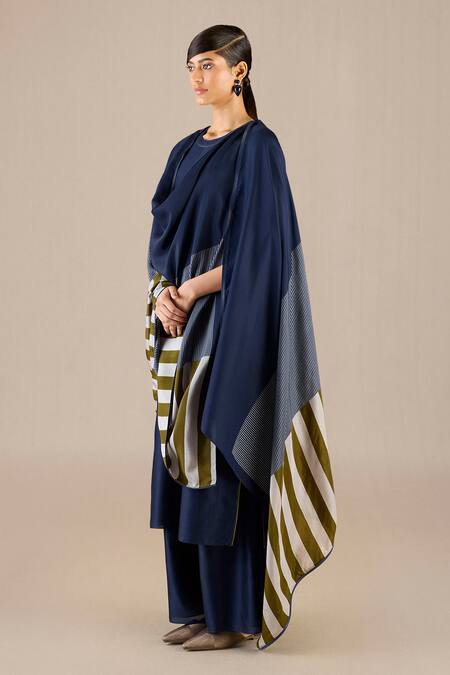 Buy_Ampm_Blue Chanderi Round Neck Kasia Plain Kurta Palazzo Set