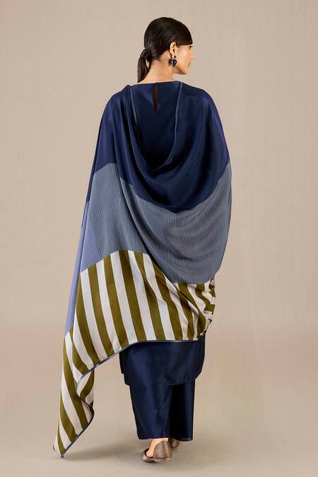 Shop_Ampm_Blue Chanderi Round Neck Kasia Plain Kurta Palazzo Set