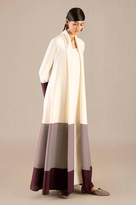 Ampm_Ivory Chanderi Shawl , Scoop Woven Stripe Abaya With Inner _at_Aza_Fashions