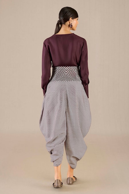 Ampm Purple Silk V-neck Inessa Plain Top With Woven Dhoti Online at Aza Fashions Ampm_Purple Silk V-neck Inessa Plain Top With Woven Dhoti _Online_at_Aza_Fashions