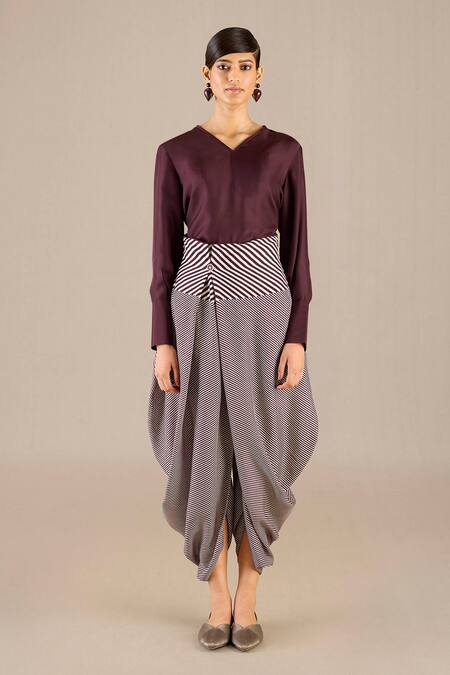 Buy Ampm Purple Silk V-neck Inessa Plain Top With Woven Dhoti Online at Aza Fashions Buy_Ampm_Purple Silk V-neck Inessa Plain Top With Woven Dhoti _Online_at_Aza_Fashions