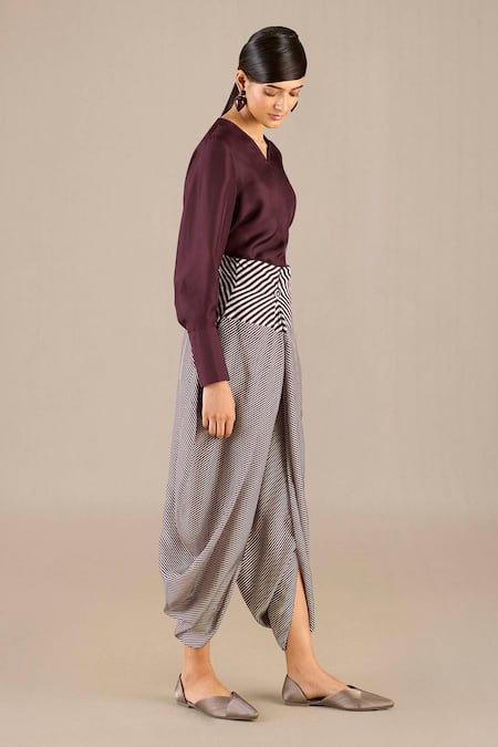 Shop Ampm Purple Silk V-neck Inessa Plain Top With Woven Dhoti Online at Aza Fashions Shop_Ampm_Purple Silk V-neck Inessa Plain Top With Woven Dhoti _Online_at_Aza_Fashions