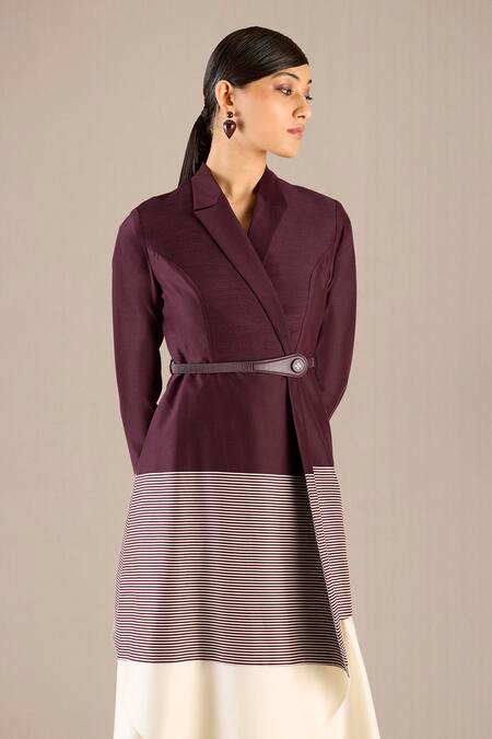 Shop_Ampm_Ivory Chanderi Collared Givah Striped Asymmetric Jacket Skirt Set_Online_at_Aza_Fashions