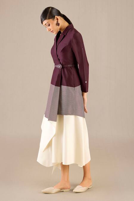 Ampm_Ivory Chanderi Collared Givah Striped Asymmetric Jacket Skirt Set_at_Aza_Fashions
