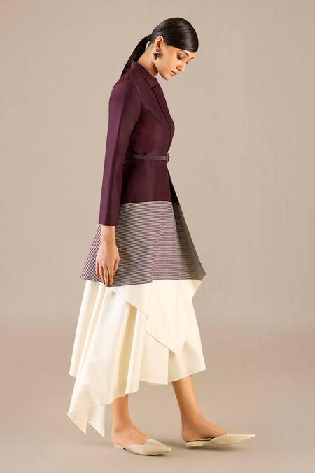 Buy_Ampm_Ivory Chanderi Collared Givah Striped Asymmetric Jacket Skirt Set