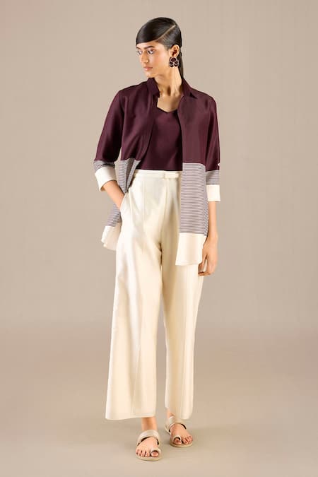 Shop_Ampm_Purple Chanderi 70 Woven Stripe  Collar Dariya Pant Set _Online_at_Aza_Fashions