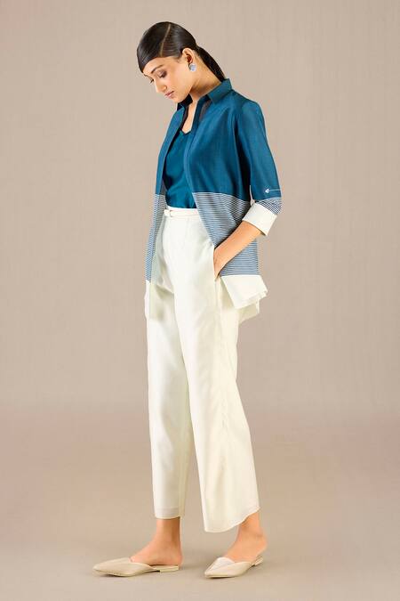 Shop_Ampm_Blue Chanderi Shawl Neck Dariya Striped Shirt Pant Set_Online_at_Aza_Fashions