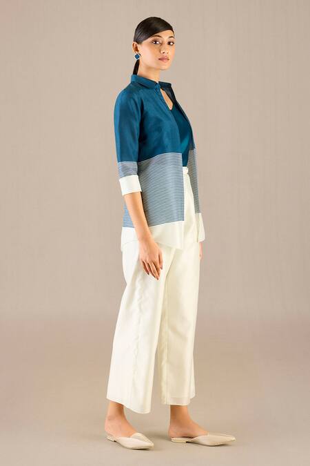 Ampm_Blue Chanderi Shawl Neck Dariya Striped Shirt Pant Set_at_Aza_Fashions