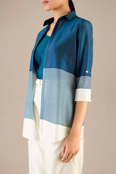 Buy_Ampm_Blue Chanderi Shawl Neck Dariya Striped Shirt Pant Set