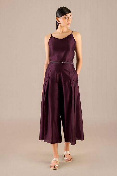 Ampm_Purple Chanderi Cotton Sweetheart Neck Aalia Woven Cape Jumpsuit Set_Online_at_Aza_Fashions