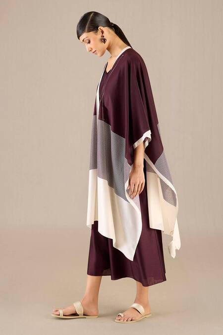 Ampm_Purple Chanderi Cotton Sweetheart Neck Aalia Woven Cape Jumpsuit Set_at_Aza_Fashions