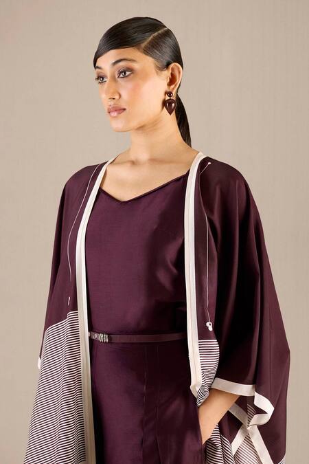 Shop_Ampm_Purple Chanderi Cotton Sweetheart Neck Aalia Woven Cape Jumpsuit Set