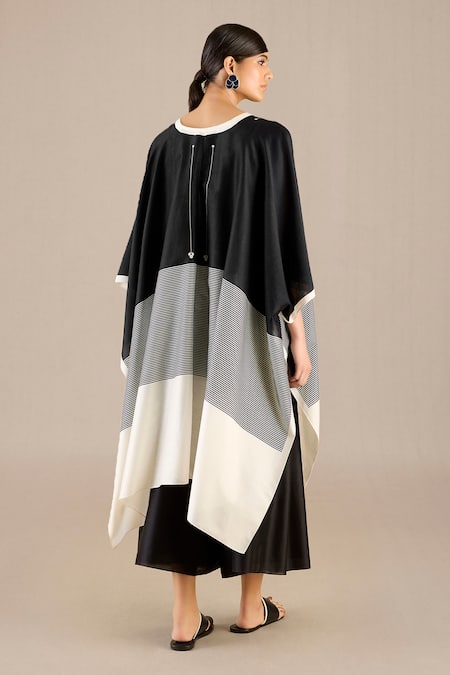 Shop_Ampm_Black Chanderi 70 Woven Stripe Open Aalia Asymmetric Cape _at_Aza_Fashions