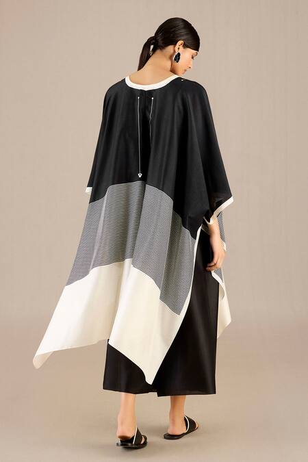 Buy_Ampm_Black Chanderi 70 Woven Stripe Open Aalia Asymmetric Cape _Online_at_Aza_Fashions