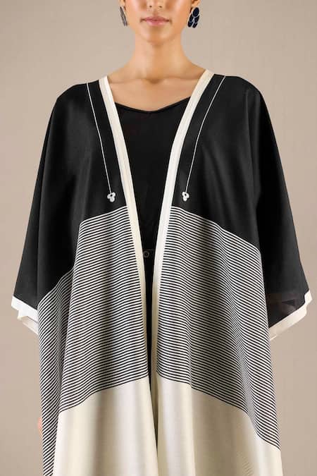 Shop_Ampm_Black Chanderi 70 Woven Stripe Open Aalia Asymmetric Cape _Online_at_Aza_Fashions