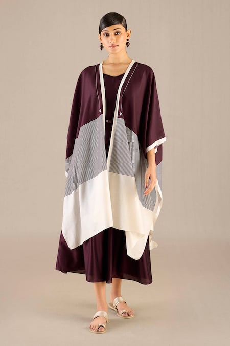 Ampm_Purple Chanderi 70 Woven Stripe Open Aalia Cape _Online_at_Aza_Fashions