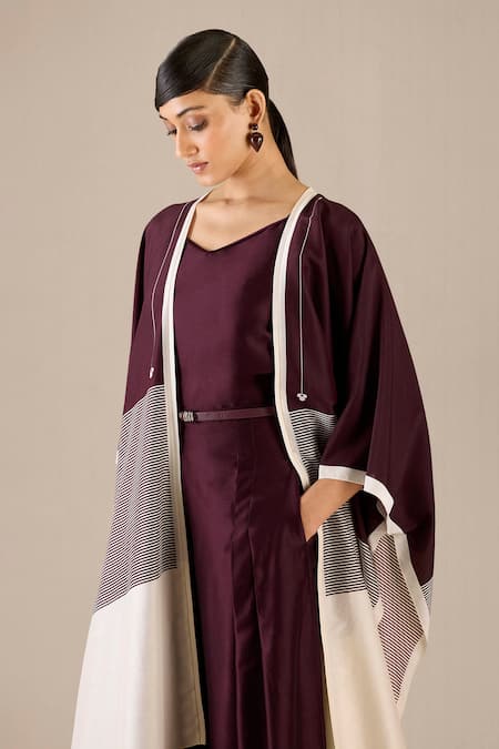 Buy_Ampm_Purple Chanderi 70 Woven Stripe Open Aalia Cape 