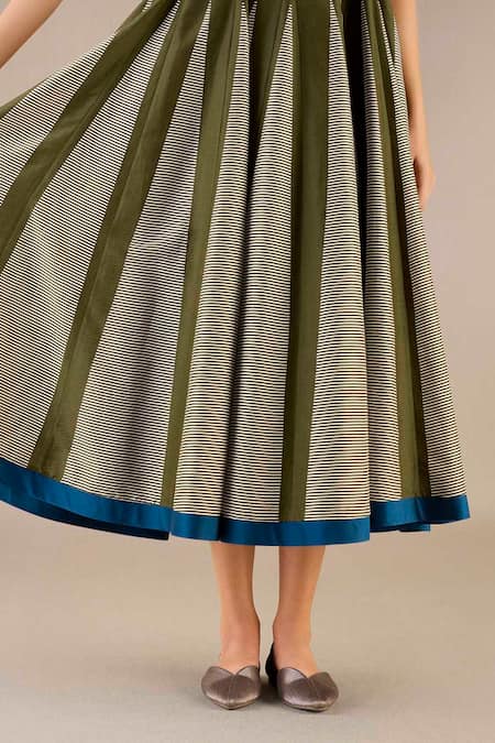Buy Ampm Green Chanderi V-neck Asma Striped Panelled Dress Online at Aza Fashions Buy_Ampm_Green Chanderi V-neck Asma Striped Panelled Dress _Online_at_Aza_Fashions