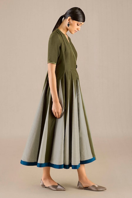 Ampm Green Chanderi V-neck Asma Striped Panelled Dress at Aza Fashions Ampm_Green Chanderi V-neck Asma Striped Panelled Dress _at_Aza_Fashions