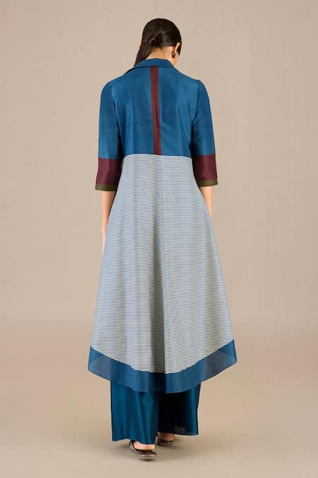 Ampm_Blue Chanderi Round Neck Iilana Woven High-low Cape Palazzo Set _Online_at_Aza_Fashions