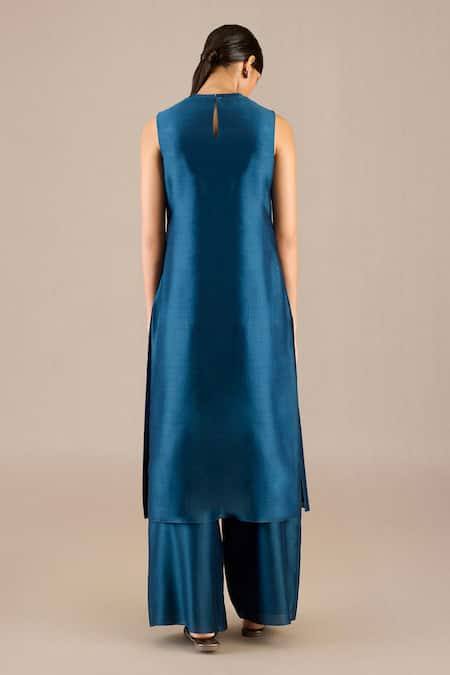 Shop_Ampm_Blue Chanderi Round Neck Iilana Woven High-low Cape Palazzo Set _Online_at_Aza_Fashions