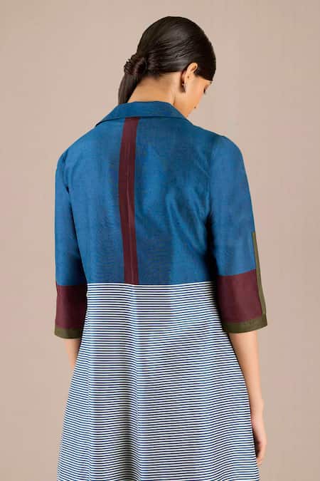 Ampm_Blue Chanderi Round Neck Iilana Woven High-low Cape Palazzo Set _at_Aza_Fashions