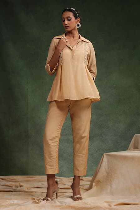 Charu Makkar_Beige Cotton, Silk Sequins, Beads, Embroidery Diva Peplum Top With Pant _Online_at_Aza_Fashions