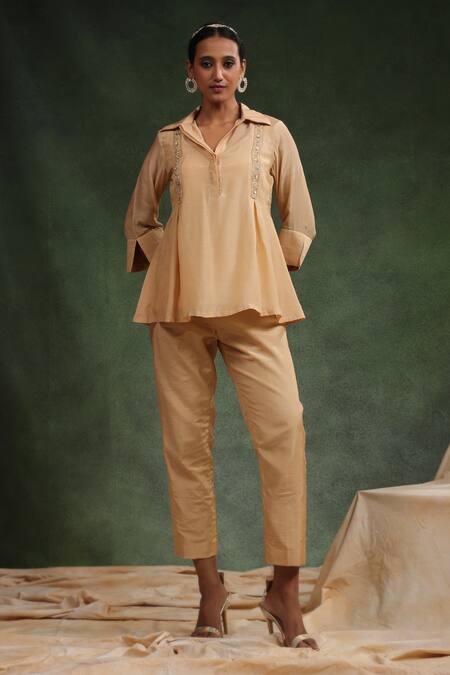 Shop_Charu Makkar_Beige Cotton, Silk Sequins, Beads, Embroidery Diva Peplum Top With Pant _Online_at_Aza_Fashions