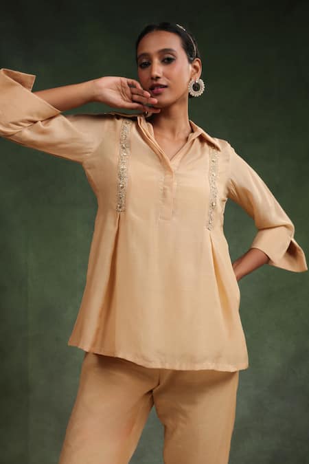 Charu Makkar_Beige Cotton, Silk Sequins, Beads, Embroidery Diva Peplum Top With Pant _at_Aza_Fashions