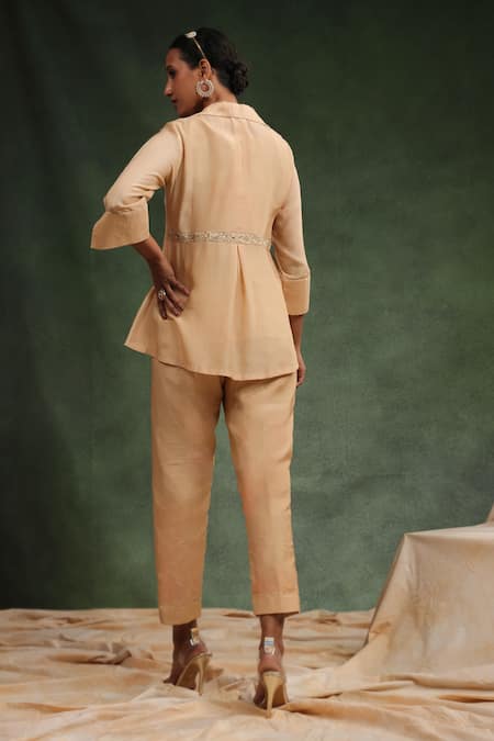 Shop_Charu Makkar_Beige Cotton, Silk Sequins, Beads, Embroidery Diva Peplum Top With Pant _at_Aza_Fashions