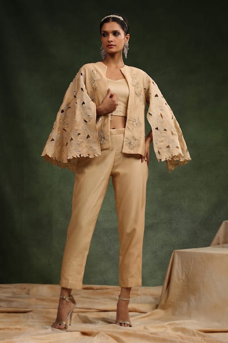 Buy_Charu Makkar_Beige Silk, Chanderi Sequins, Beads Bond Girl Embroidered Jacket Pant Set _Online_at_Aza_Fashions