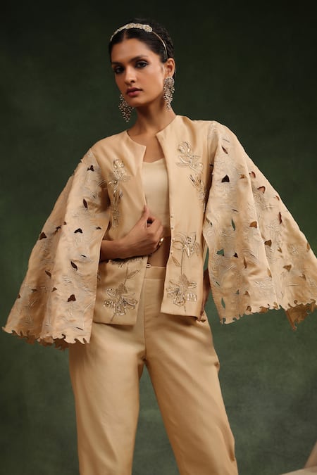 Charu Makkar_Beige Silk, Chanderi Sequins, Beads Bond Girl Embroidered Jacket Pant Set _at_Aza_Fashions