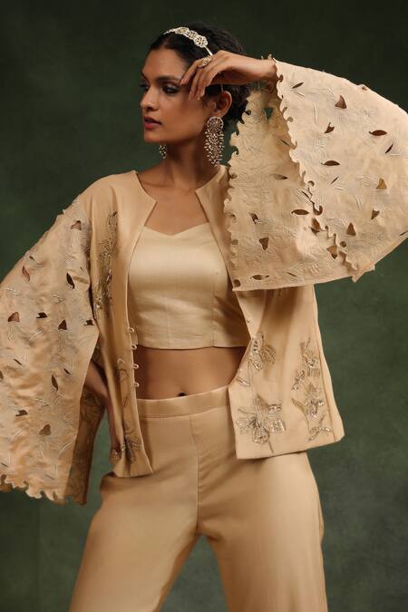Buy_Charu Makkar_Beige Silk, Chanderi Sequins, Beads Bond Girl Embroidered Jacket Pant Set 