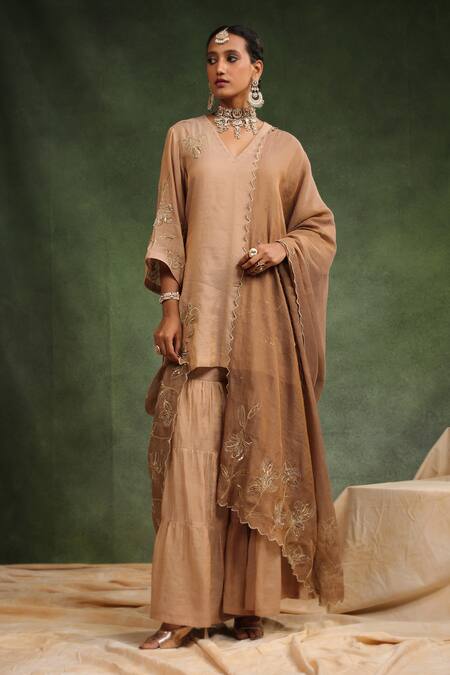 Buy_Charu Makkar_Brown Chanderi Sequins, Beads, Embroidery Sweet Cinnamon Kurta Gharara Set _Online_at_Aza_Fashions