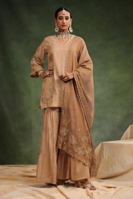 Shop_Charu Makkar_Brown Chanderi Sequins, Beads, Embroidery Sweet Cinnamon Kurta Gharara Set _Online_at_Aza_Fashions