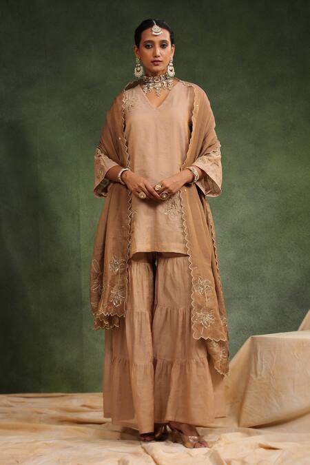 Charu Makkar_Brown Chanderi Sequins, Beads, Embroidery Sweet Cinnamon Kurta Gharara Set _at_Aza_Fashions