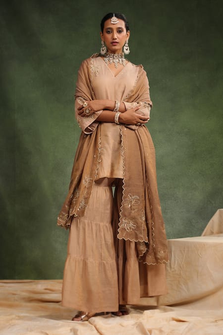Buy_Charu Makkar_Brown Chanderi Sequins, Beads, Embroidery Sweet Cinnamon Kurta Gharara Set 